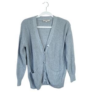 ANN TAYLOR Loft Boyfriend Cardigan Sweater Gray Button Front V Neck Knit Medium